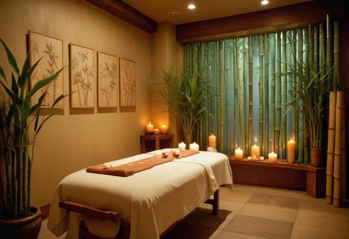 Sala de spa con camilla y velas encendidas.